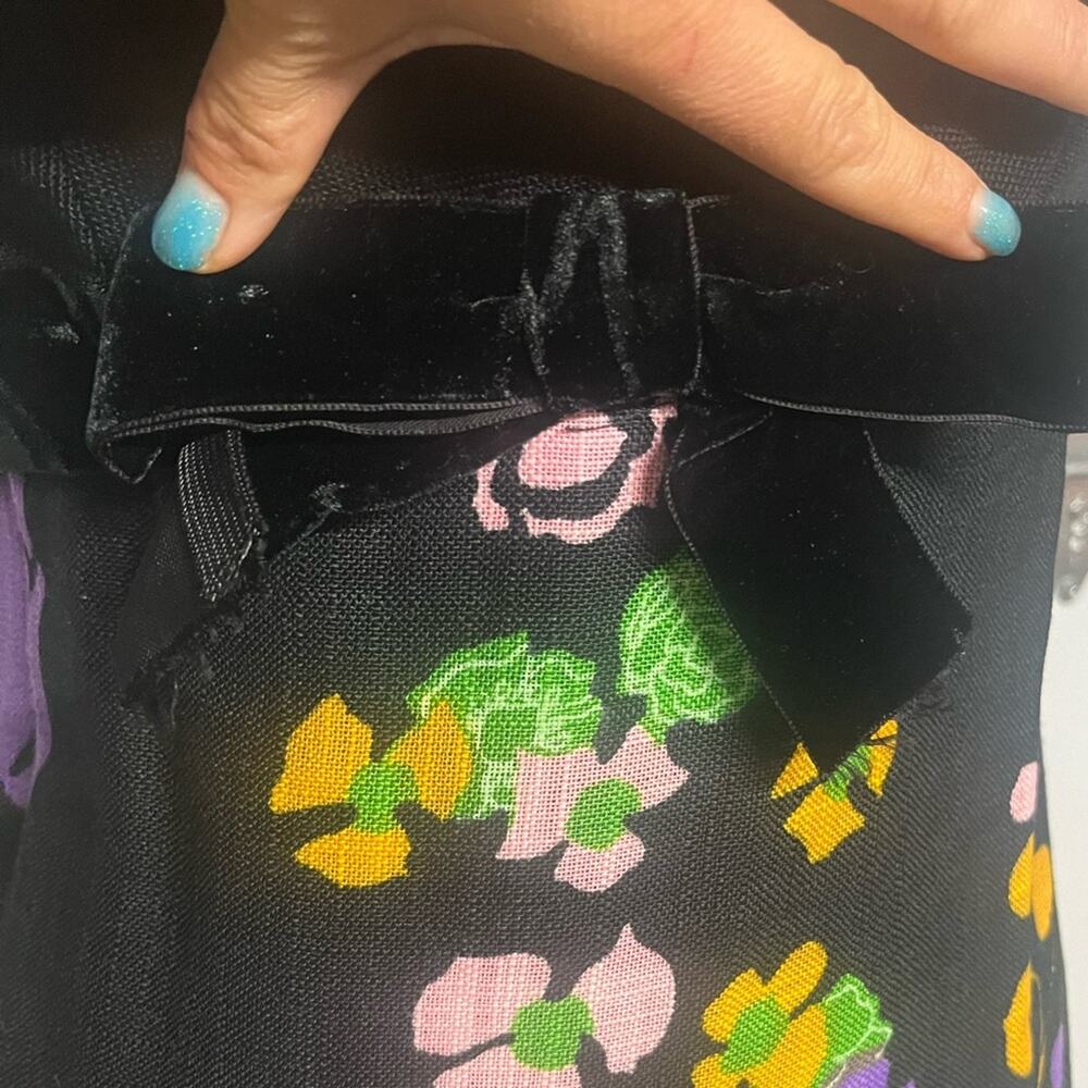Vtg 70s Psychedleic Floral Velvet Trim Bow Boho Glam Maxi Dress S Retro Festival - Picture 6 of 11